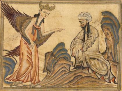 Mohammed receiving his first revelation from the angel Gabriel. Miniature illustration on vellum from the book Jami' al-Tawarikh (literally "Compendium of Chronicles" but often referred to as The Universal History or History of the World), by Rashid al-Din, published in Tabriz, Persia, 1307 CE Now in the collection of the Edinburgh University Library, Scotland.