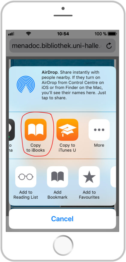Das Menü "Bereitstellen" des iOS Webbrowsers mit der Schaltfläche "In iBooks kopieren"