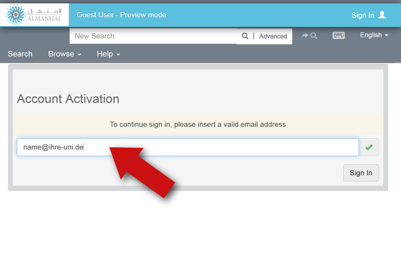 Platform Al Manhal: E-Mail angeben