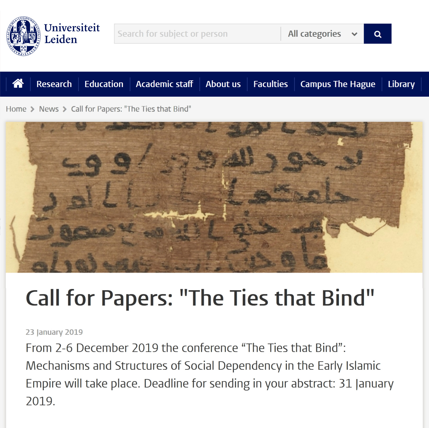 Screenshot Leiden University, Call for papers: "The Ties that Bind"