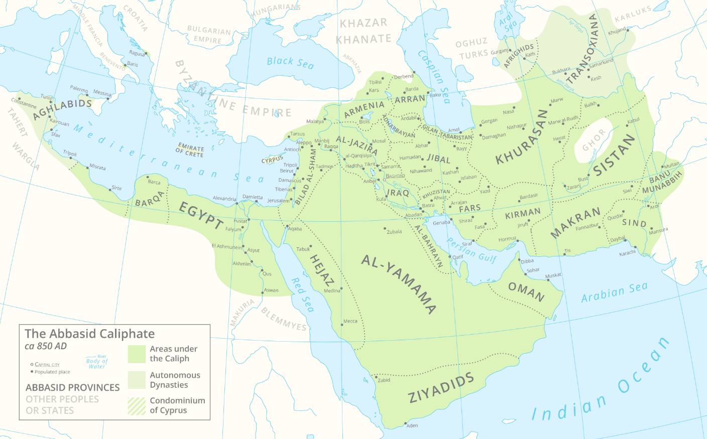 Karte des abbasidischen Kalifats (Quelle: https://de.wikipedia.org/wiki/Abbasiden-Kalifat#/media/Datei:Abbasid_Caliphate_850AD.png)