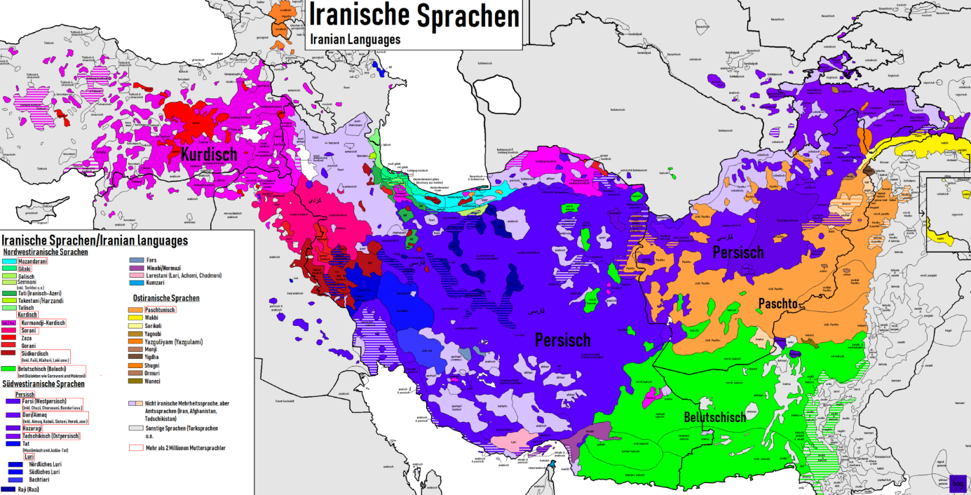 Karte der iranischen Sprachen (Quelle: https://de.wikipedia.org/wiki/Iranische_Sprachen#/media/Datei:Iranische_sprachen_bog.png)